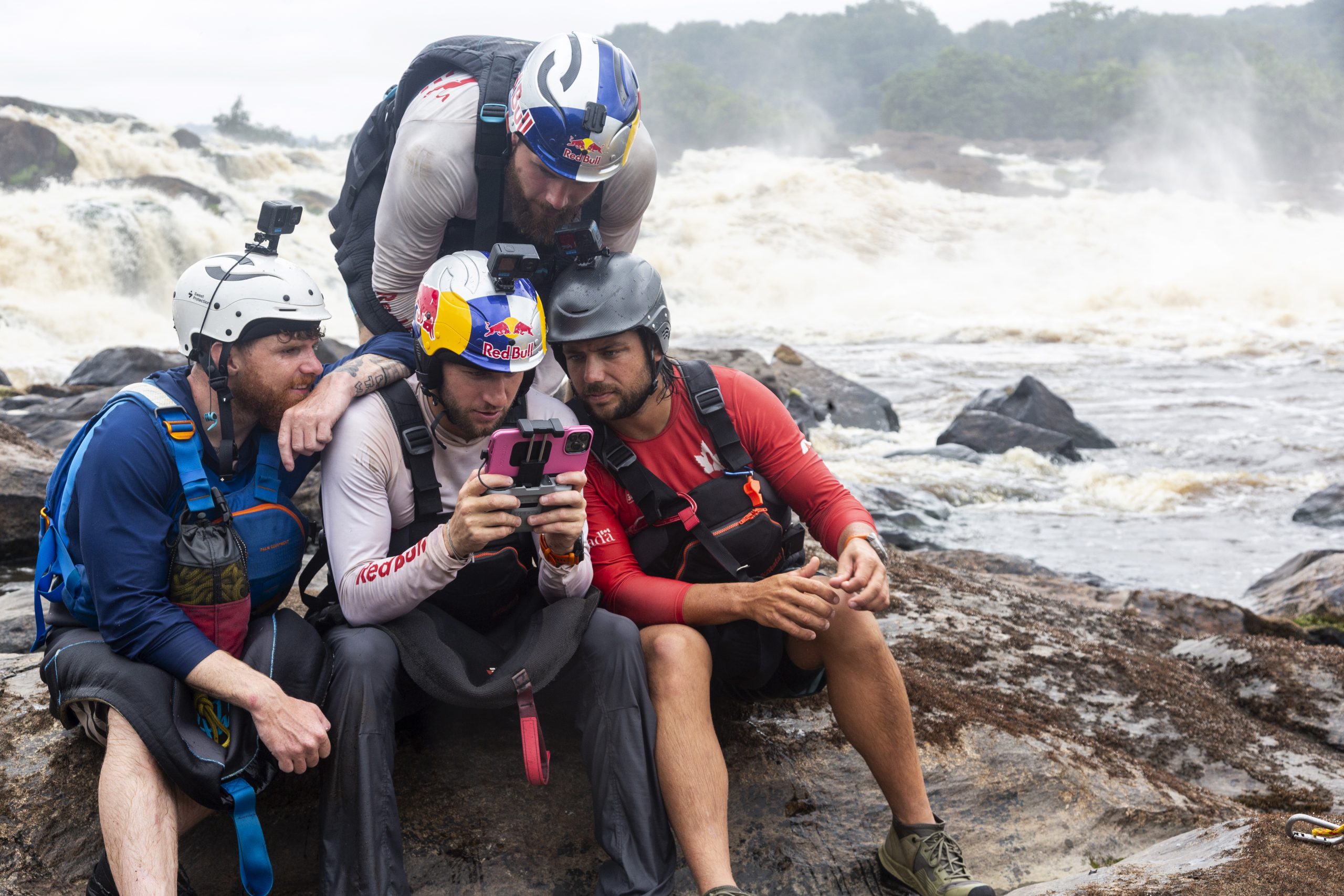 Adrian Mattern, Dane Jackson, Bren Orton, Kalob Grady scout the line on the river with dron on Ivindo river, Gabon on February 03, 2024 // David Sodomka / Red Bull Content Pool // SI202405130178 // Usage for editorial use only //