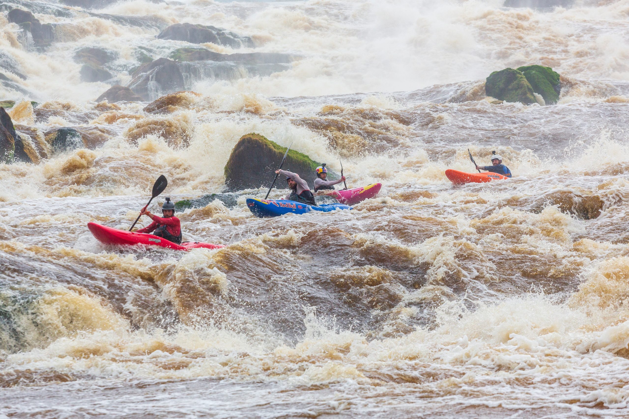 Kalob Grady, Adrian Mattern, Dane Jackson, Bren Orton paddle down big rapid  on Ivindo river, Gabon on February 03, 2024 // David Sodomka / Red Bull Content Pool // SI202405130180 // Usage for editorial use only //